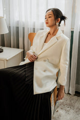 Double-Breasted Silk Blazer with Notched Lapel and Tailored Longline Silhouette